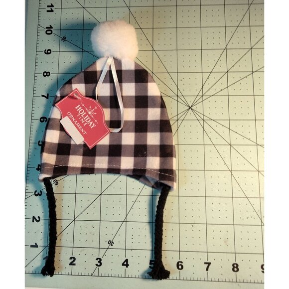 Uncle Buck Hat Ornament Tartan Plaid Black White Pom Pom Braided Tassels Cabin - Picture 3 of 3